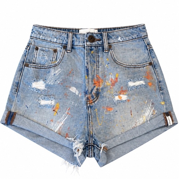 One Teaspoon Pants - One Teaspoon High Waist Bandits Denim Shorts Paint Splatter Distressed Blue 26